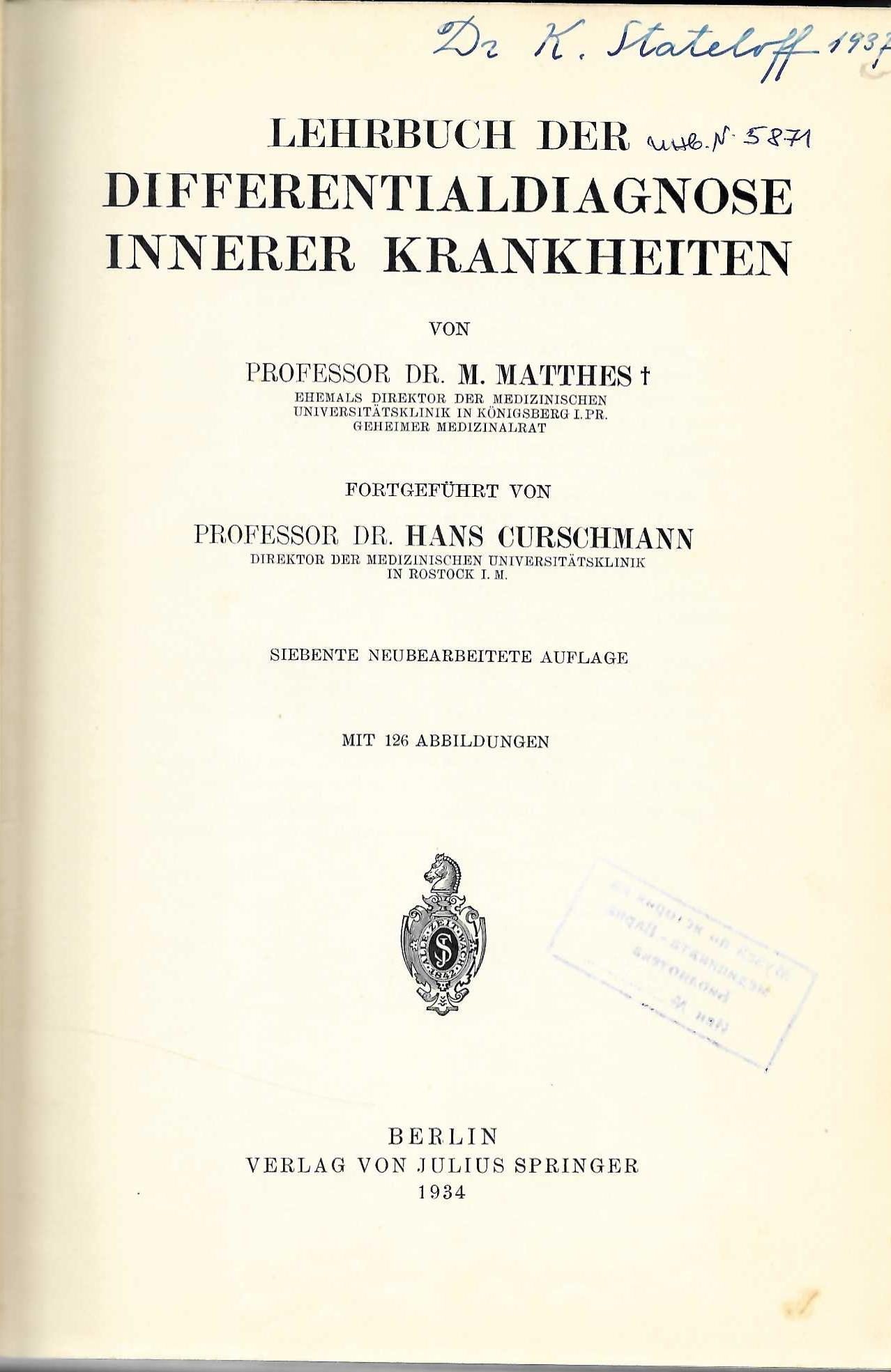   Lehrbuch der differentialdiagnose innerer krankheiten